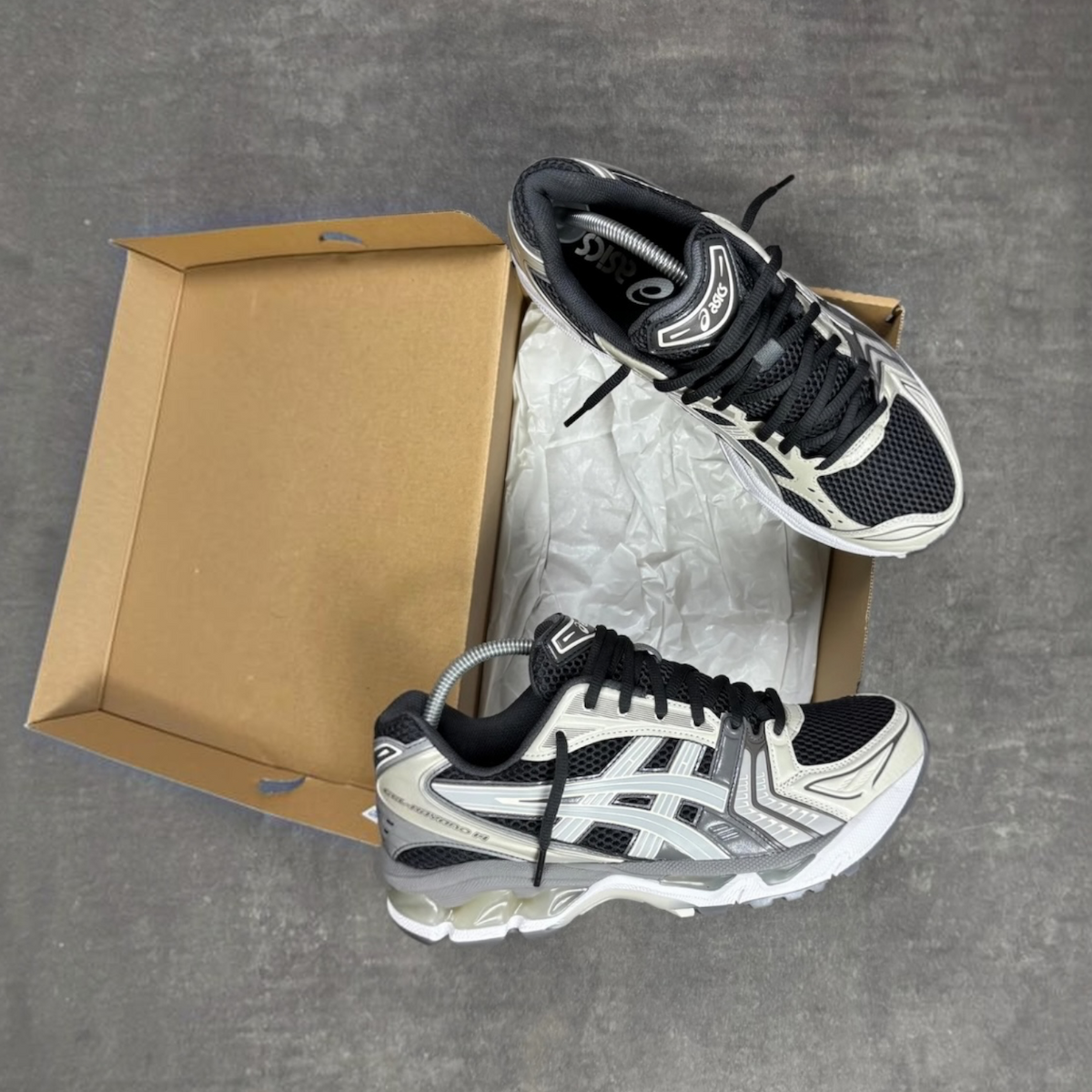 Asics Kayano 14's Obsidian Cement Grey