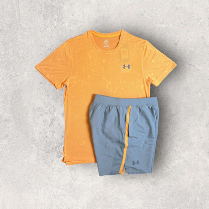 UNDER ARMOUR SPLATTER T-SHIRT/SHORT SET - ORANGE/GREY