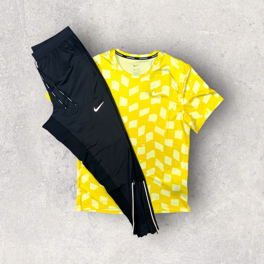 NIKE MILER SS DYE OPTI YELLOW / PHENOM ELITE BLACK PANTS