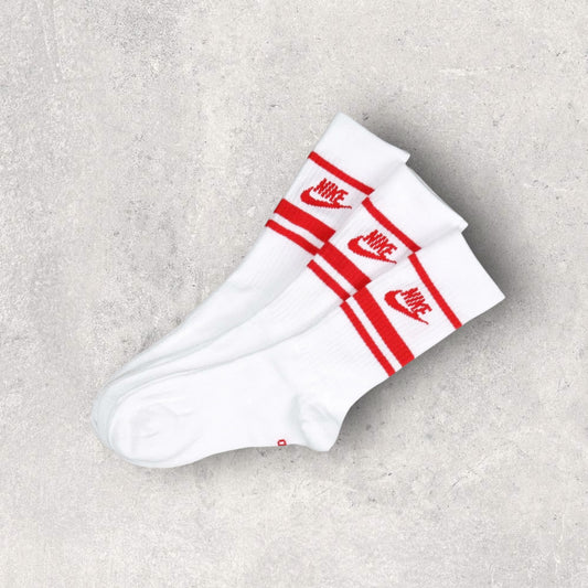 NIKE EVERYDAY ESSENTIAL STRIPE CREW SOCKS WHITE / RED (3 PACK)
