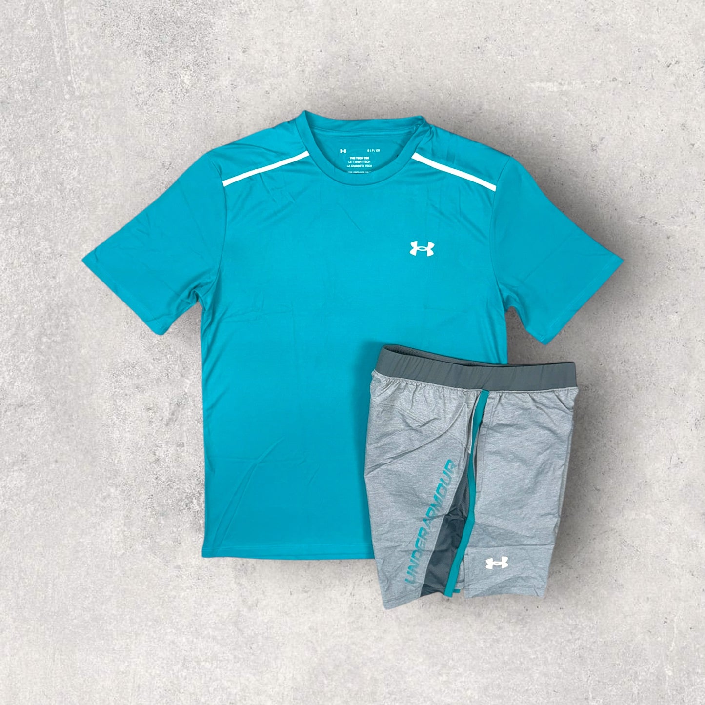 UNDER ARMOUR TECH T-SHIRT/SHORT SET - TEAL/GREY