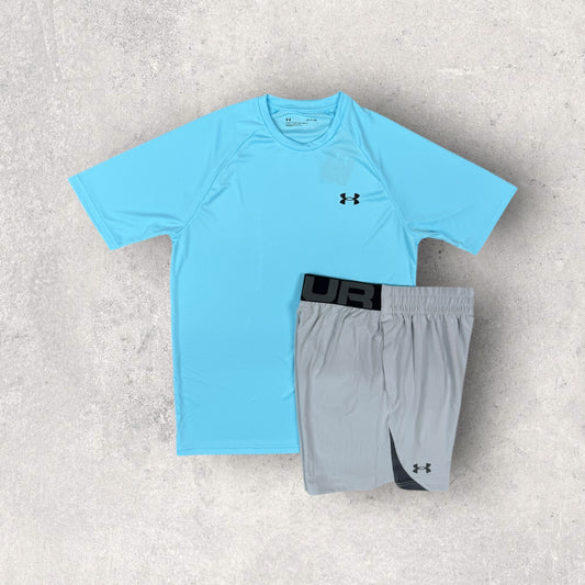 UNDER ARMOUR VELOCITY T-SHIRT / SHORT SET - SKY BLUE/GREY